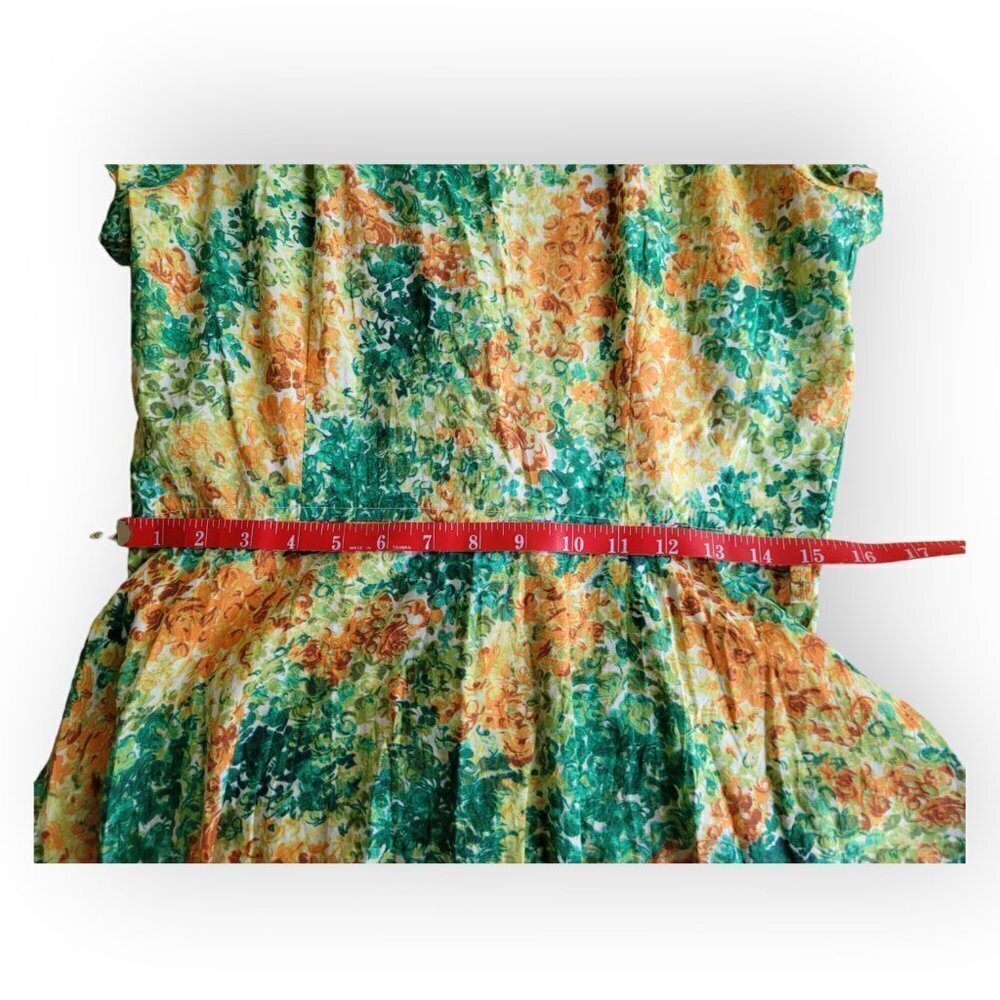Vintage 1960s 1970s Floral Dress Green Orange Yellow Mad Men S/M Retro Outfit - Picture 7 of 15